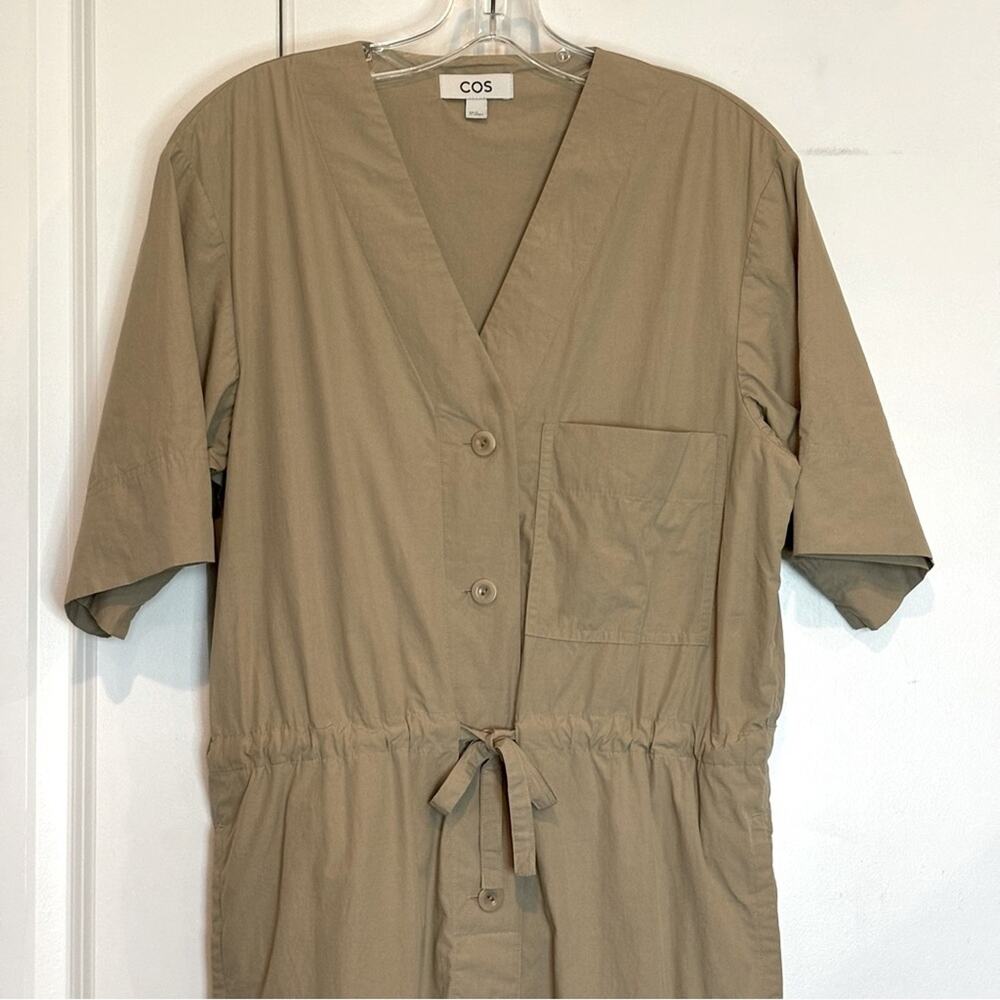 COS Tan Organic Cotton V-neck Short Sleeve Drawstring Waist Utility Jumpsuit XS - Picture 3 of 14
